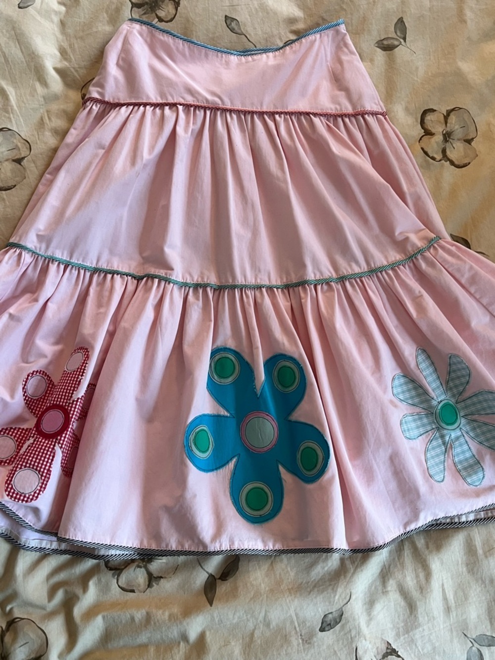 VINTAGE Pink Floral Appliqué Tiered Skirt